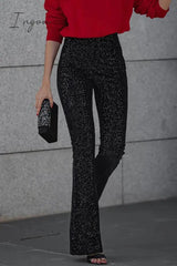 Ingvn - Casual Solid Sequins Straight Mid Waist Speaker Solid Color Bottoms