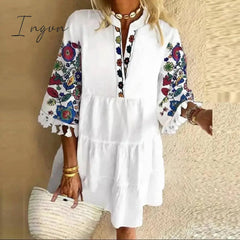 Ingvn - Plus Size 5XL Floral Print Boho Dress Women Tassle Sleeved White Mini A-Lline Dress Autumn New Sweet Bohemian Loose Dresses