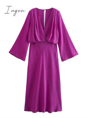 Ingvn - Flare Sleeve Solid Purple V Neck Long Dresses A-line Elegant High Waisted Loose Midi Dress 2023 Woman Casual Ladies Vestidos