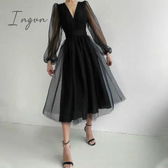 Ingvn - Deep V-Neck Women Mesh Dress Party Summer Long Puff Sleeve Pink Zipper A-Line Thin Waist Translucent Young Girls Clothes