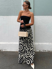 Ingvn Woman Clothing Vintage Strapless Print Patchwork A-line Holiday Dress Female Sexy Sleeveless Black Long Party Evening Dresses