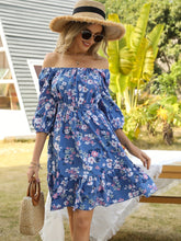 Womens Flora Dress 3/4 Sleeve Puff Sleeve A Line Midi Dress With Ruffle Hem Square Neck Dress For Wedding Guest