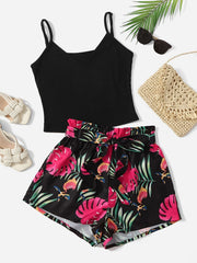Lightweight Womens Vacation Shorts Outfit Set - Sleeveless V-Neck Cami Top with Vibrant Plants Print & Belted Paperbag Waist Loose Shorts - Effortless Summer Style Two-Piece Ensemble