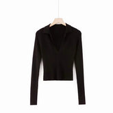 Vintage Knitted Sweater T-shirt Turn-down Collar Long Sleeve Crop Top Shirts Women Autumn Fashion Clothes Top Tees