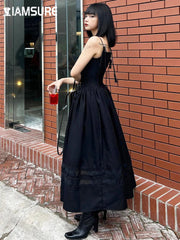 Casual Solid Lace Trim A-Line Long Dress Slim Slash Neck Sleeveless Maxi Dresses For Women Summer Fashion Ladies