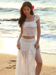 Patchwork 2-Piece Set Jacquard Women Lace Bandage Mini t-Shirt+High Slits Skinny Skirt Elasticated Waist Matching Suits
