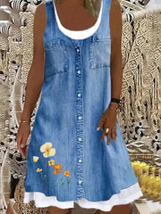 Plus Size Floral Denim Charm - Womens Casual Round Neck Loose Tank Dress with Boho Style - Comfortable & Fashionable for All Seasons