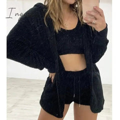 Ingvn - Three Piece Sexy Fluffy Outfits Plush Velvet Hooded Cardigan Coat+Shorts+Crop Top Women Tracksuit Sets Casual Sports Sweatshirt