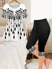 Fashionable Womens Two-Piece Outfit - Vibrant Allover Print T-Shirt & Skinny Capris Leggings Set - Casual, Comfortable, Figure-Flattering - Perfect Everyday Wear