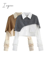 Ingvn - Spring Autumn Fashion Women Two Pieces Sets Long Sleeve Short Blouse Shirt + Solid Knitted Pullover Crop Shawl Sweater Female Tops