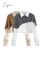 Ingvn - Spring Autumn Fashion Women Two Pieces Sets Long Sleeve Short Blouse Shirt + Solid Knitted Pullover Crop Shawl Sweater Female Tops