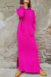 Ingvn - Casual Solid Draw String Pocket Hooded Collar Long Sleeve Dresses