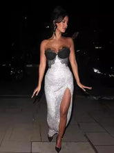 Sleeveless Sexy Sequins Strapless Thigh Slit Maxi Dress For Women High Waist Off-shoulder Sexy Club Party Evening Dress