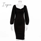 Ingvn - Midi Night Dress Women Long Puff Sleeve A-LINE Ruffled Backless Bodycon Sexy Dress Autumn Winter Elegant Office Lady Prom