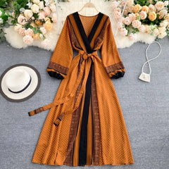 Ingvn - Spring Autumn Women Printed Long Dress Vintage Puff Long Sleeve High Waist A-Line Vestidos Female New Fashion Beach Robe