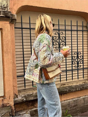 Women Green Flower Printed Quilted Warm Coat Autumn Oversized Long Sleeve Cotton Jacket Winter Casual Fashion Streetwear