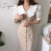 Ingvn - Summer Outfits Dress Women Fashion Peter Pan Collar Puff Sleeve Single Breasted Slim Long Vestidos Korean Chic Robe Elegant Female