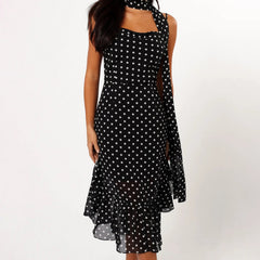 Women Summer Spaghetti Strap Dress Casual Dot Print Ruffle Party Dress and Scarf for Vacation Beach Streetwear
