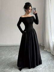 Solid Color Off Shoulder A-line Dress, Elegant Long Sleeve A-line Maxi Dress For Spring & Fall, Women's Clothing