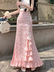 Print Vintage Long Skirt Women Casual Ruffles England Sweet Trumpet Skirts Retro Lace Up Elegant Female Design Long Skirt