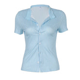Casual Striped Print Blouse Women Button Up Short Sleeve Basic Knitted Crop Tops y2k Aesthetic Basic T-shirts Streetwear