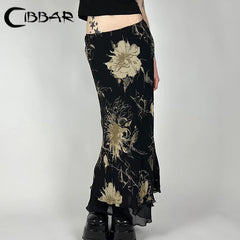 Vintage Floral Print Low Rise Long Skirt Streetwear 90s Slim-fitting Women's Skirts Harajuku y2k Aesthetic Ladies Bottoms