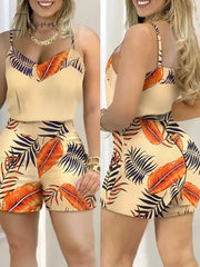 Ingvn - Women Fashion Casual Two-Piece Set Suits Set Casual Wear Female Print spaghetti strap Top & Shorts Set