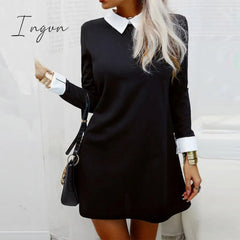 Ingvn - Dresses for Women Color Block Long Sleeve MIni Dress Autumn Office Ladies Elegant Turn Down Collar Casual Short Shirt Dress