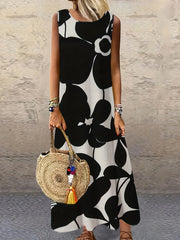 Stylish Floral Print Crew Neck A-line Tank Dress - Women's Casual Sleeveless Dresses for Spring & Summer - Comfortable, Relaxed Fit, Easy Care
