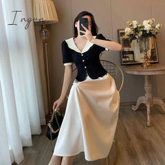 Ingvn - Summer Elegant Women Skirt Sets Retro Office Lady Outifits Puff Sleeve Black Top A Line Skirts Korean Fashion Sweet Hepburn Suit