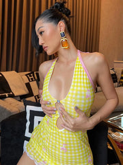 Ingvn Autumn Halter Backless Print Yellow Mini Dress Streetwear Fashion Sexy V-neck Hollow Out Slim Sleeveless Party Club Dresses