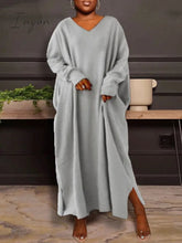 Ingvn - Women's Plus Size Casual Dress Solid Color V Neck Long Sleeve Winter Fall Basic Casual Maxi long Dress Daily Vacation Dress