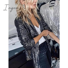 Ingvn - Women's Blazer Sequins Coat Sparkle Coa White Black Gold Open Front Long Sleeve,Sequin Jacket Shine Bright Like Diamond tParty Evening Spring Autumn Regular Fit S M L XL XXL