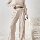 Casual Ribbed Solid Color Pants Set, Low Cut Neck Long Sleeve Crop Top & Elastic Waist Wide Leg Loose Pants, Women's Clothing