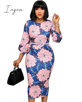 Ingvn - Women Bodycon Printed Dress Three Quarter Sleeves Midi Office Ladies Work Wear Elegant Classy Vestidos African Female Plus Size