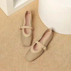 Fashion Square Toe Mesh Ballet Flats Buckle Strap Mary Janes Breathable Hollow Out Single Shoes Female Flat Bottom Casual Shoes