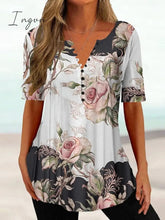 Ingvn - Women's T shirt Tee Black White Navy Blue Floral Button Print Short Sleeve Holiday Weekend Tunic Basic Round Neck Regular Floral Painting S