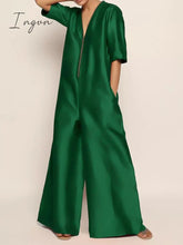 Ingvn - Solid Color Zipper V-neck Half Sleeves Wide Leg Jumpsuits For Women 2023 Summer New Stylish Casual Streetwear Jump Suits