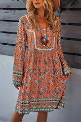Ingvn - Bohemian Print V-Neck Knee Length Dress