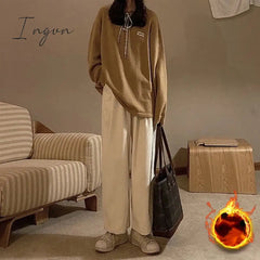 Ingvn - Ins Popular Corduroy Casual Pants Women Solid Tender Retro Wide Leg Trousers High Waist Harajuku Teenager Slouchy Simple Classic