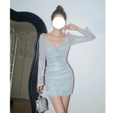 Pphmm nerdy dress to impress New French Socialite Dinner Dress Sequined Pleated Twisted Long Sleeve Dress Women's Slim-Fit Elegant Hip Skirt