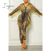 Ingvn - Womens Sexy Bodycon Jumpsuit Vintage Printed Long Sleeve One Piece Outfits with Tassels Rhinestone Yellow Black Romper Clubwear