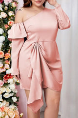 Ingvn - Pink Casual Solid Patchwork Asymmetrical Oblique Collar Long Sleeve Plus Size Dresses