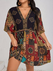 Plus Size Floral Print Dress, Casual Short Sleeve V Neck Dress For Spring & Summer, Women's Plus Size Clothing