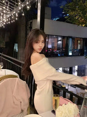 Ingvn - Pure Color Elegant Knitted Dress Woman Bodycon Slim Y2k Mini Dress Casual Party Korean Fashion Long Sleeve Dress Winter