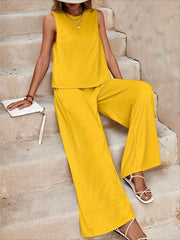 Casual Solid Color Two-piece Pants Set, Sleeveless Crew Neck Tank Top & Slant Pockets Wide Leg Pants Outfits, Women's Clothing
