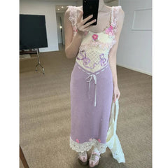 Heavy-Work Knitted Purple Strap Dress Women's French Vintage Design Sensation Beauty Flower Banquet Empire Waist Gown