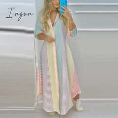 Ingvn - Elegant Colorful Stripe Print Long Dress Women Single Breasted Button Spring Party Dress Summer Loose Irregular Maxi Beach Dress