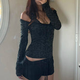 Leopard Print Black T Shirt Women Lace Patchwork Full Sleeve Tee y2k Chic Off-shoulder Cropped Top Vintage 2000s Clothing