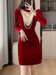 Autumn Elegant Black Velvet Dresses for Women Long Sleeve Stand Collar Mermaid Evening Party Dress Prom Robe Vestidos Mujer New